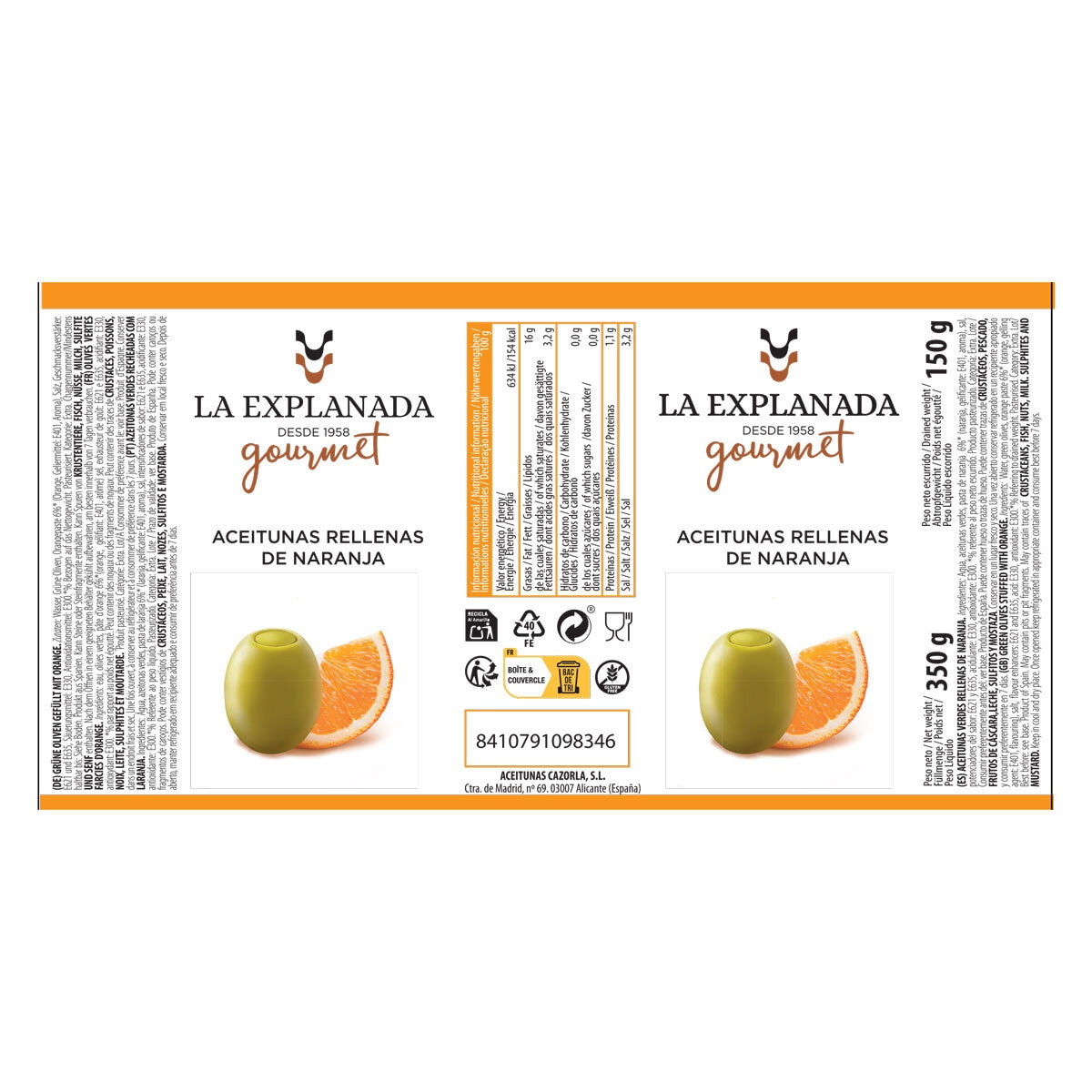 La Explanada Aceitunas Rellenas De Naranja, 350g