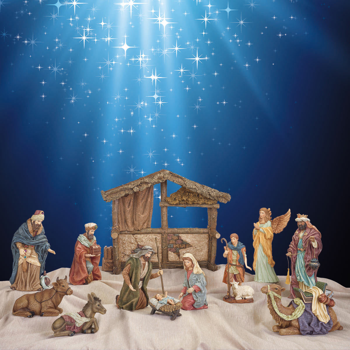 13 piece nativity set on coloured background