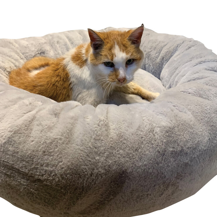Cat Sitting on Mighty Paws Oval Faux Fur Pet Bed, 75cm x 24cm, in Grey Cat Sitting on Mighty Paws Oval Faux Fur Pet Bed, 75cm x 24cm, in Grey