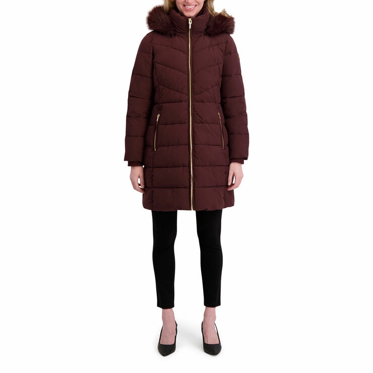 Halston Ladies Hooded Walker Coat in Burgundy