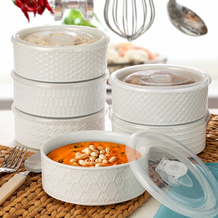 Signature Stoneware Bowls with Lids in 2 Colours, 6 Pack