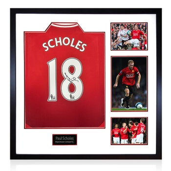 Paul Scholes MUFC Premier League Signed Framed Shirt, including 3 Photos