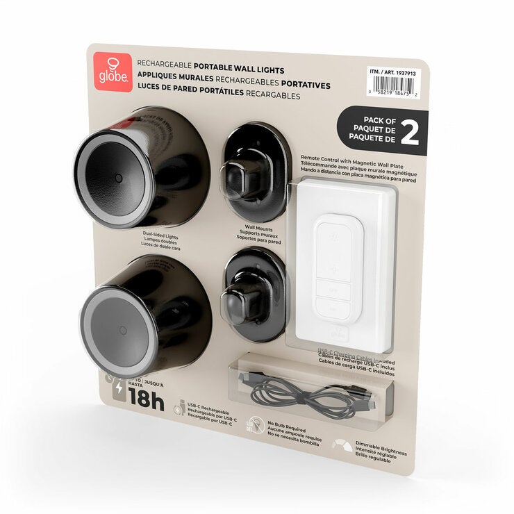 Globe Rechargeable Black Portable Wall Light, 2 Pack - Black Globe Rechargeable Black Portable Wall Light, 2 Pack - Black