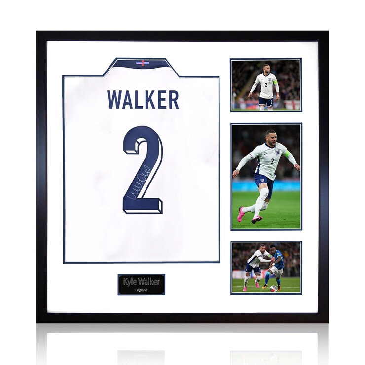 Kyle Walker Signed England Framed Shirt, including 3 Photos Kyle Walker Signed England Framed Shirt, including 3 Photos
