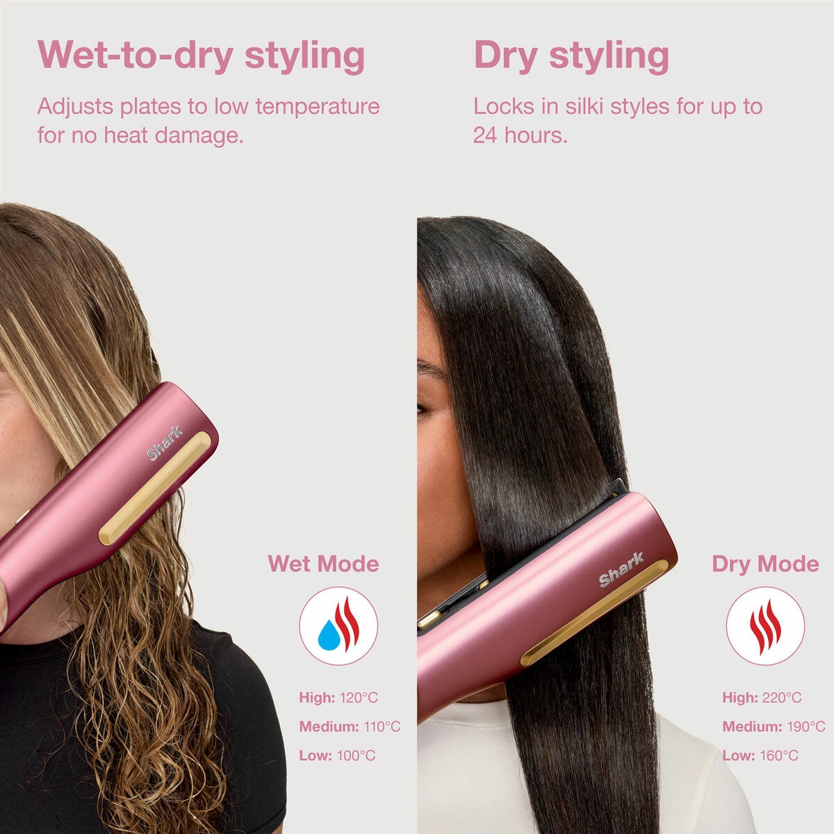 Lifestyle image showing wet to dry styling and dry styling Lifestyle image showing wet to dry styling and dry styling