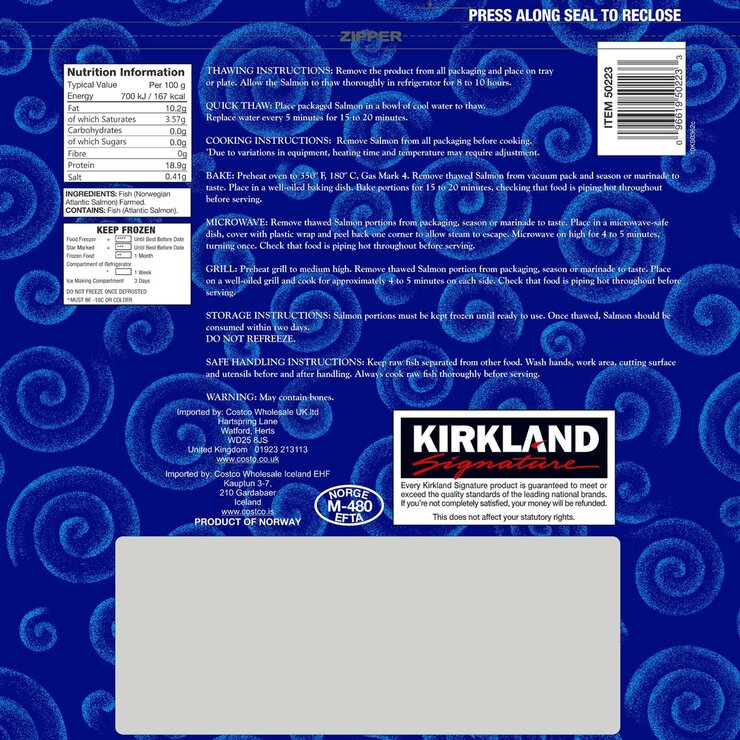 Back of pack of Kirkland Signature Atlantic Salmon