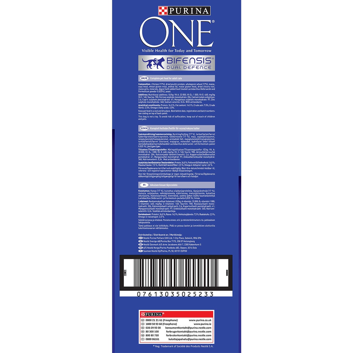 Bright blue back of packaging with a white background