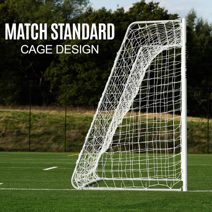 Lifestyle image of the side of the goal, showing the match standard cage design Lifestyle image of the side of the goal, showing the match standard cage design