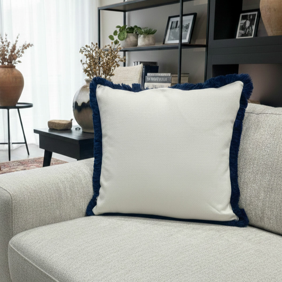 Malini Hugo Navy Fringed Feather Fill Cushion, 56 x 56 cm