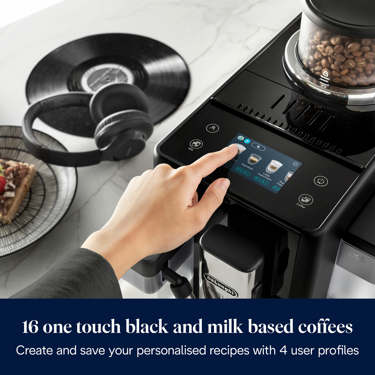 Lifestyle images of De'Longhi Rivelia Bean-to-Cup Coffee Machine 16 one touch black and milk based coffees