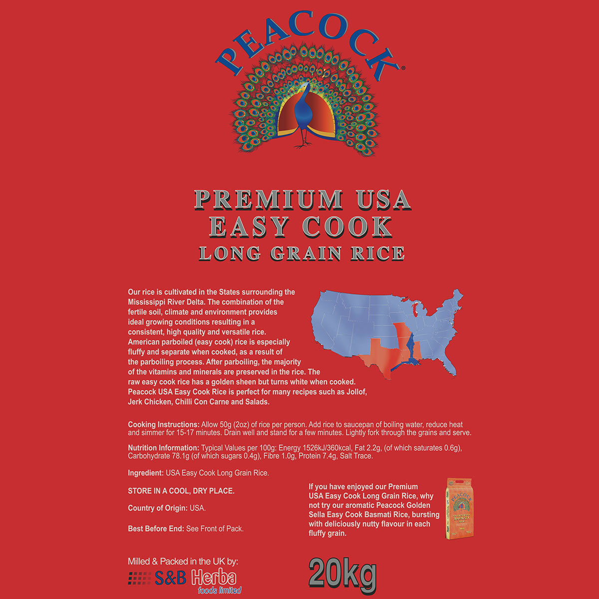 Peacock Premium USA Easy Cook Long Grain Rice, 20kg
