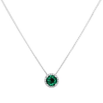 Round Cut Lab Emerald & 0.16ctw Diamond Necklace, 14ct White Gold