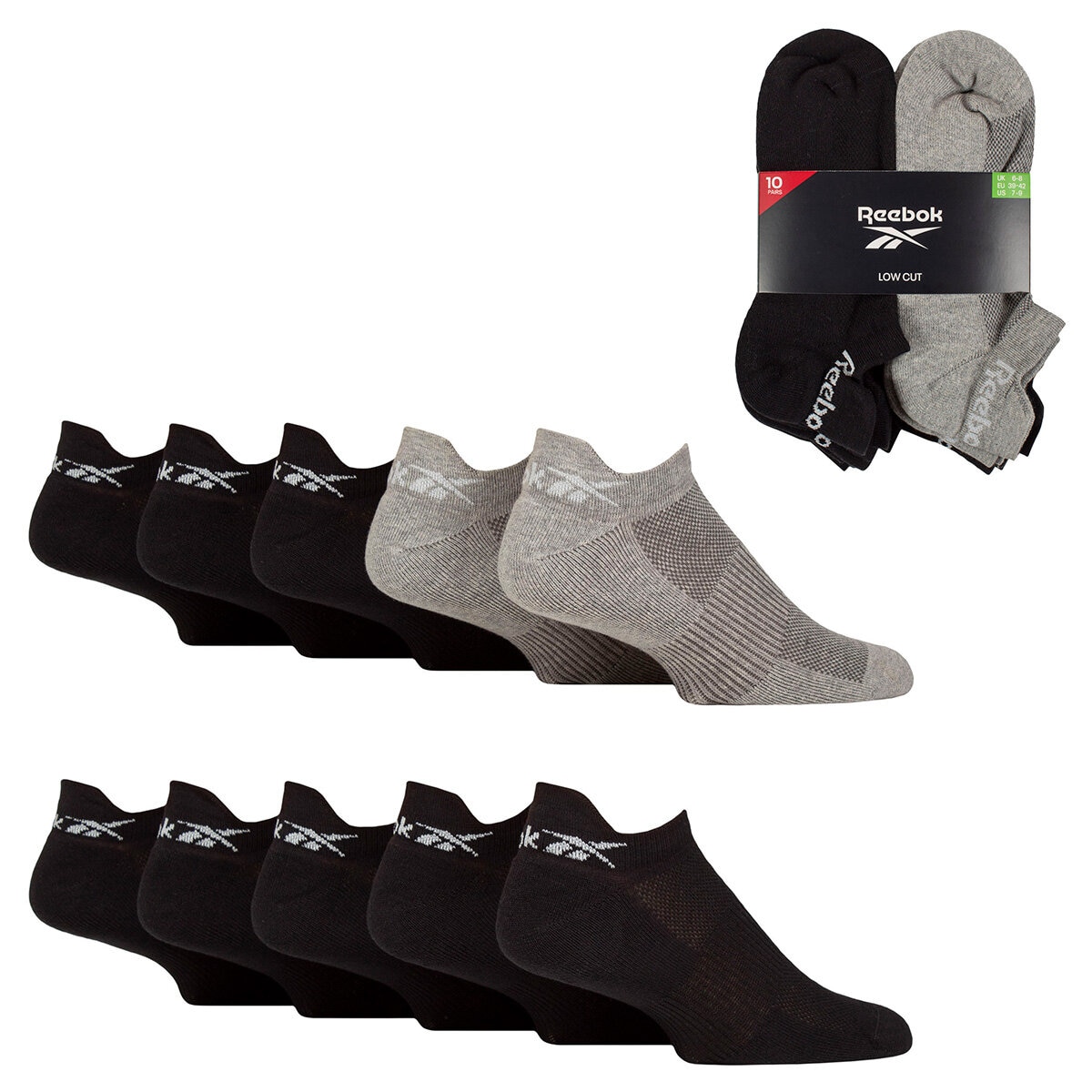 Reebok Men's Trainer Sock 10 Pack in Black/Grey