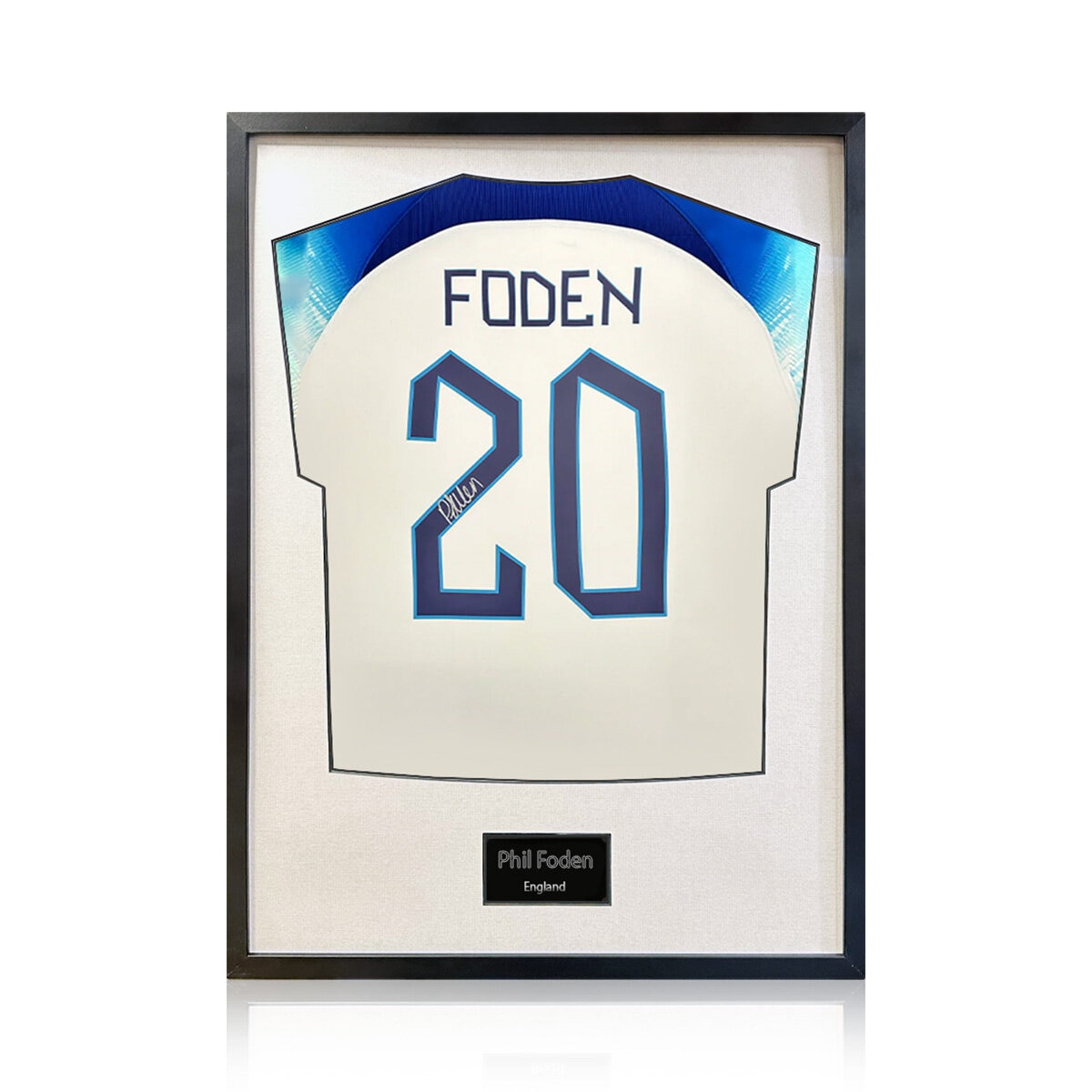 Phil Foden Signed Framed 2024 England Football Shirt with White Mount Phil Foden Signed Framed 2024 England Football Shirt with White Mount