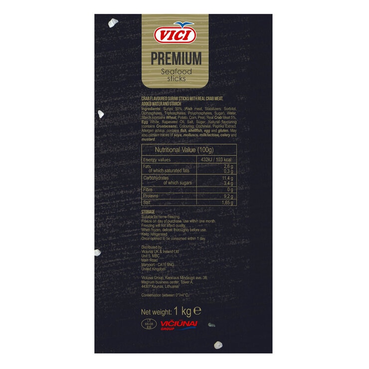 label for 4x250g pack of Vici Premium Seafood Sticks