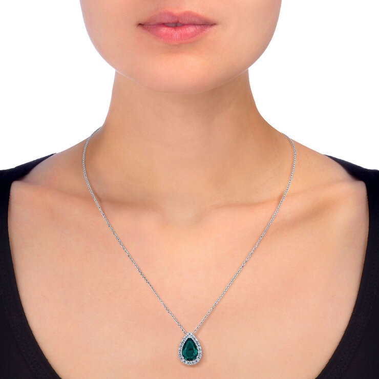 Pear Shaped Lab Emerald and 0.45ctw Diamond Pendant. Pear Shaped Lab Emerald and 0.45ctw Diamond Pendant.