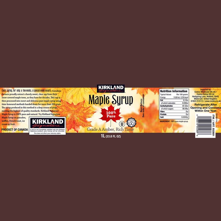 Kirkland Signature 100 Pure Grade A Amber Maple Syrup, 6 x 1L Costco UK