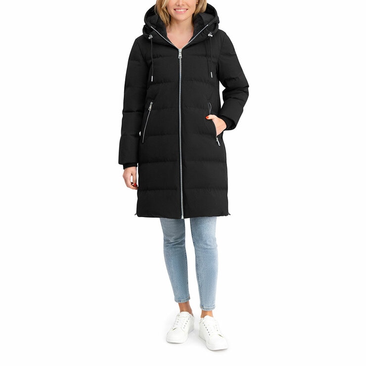 DKNY Ladies Long Down Coat with Hood in Black, Large