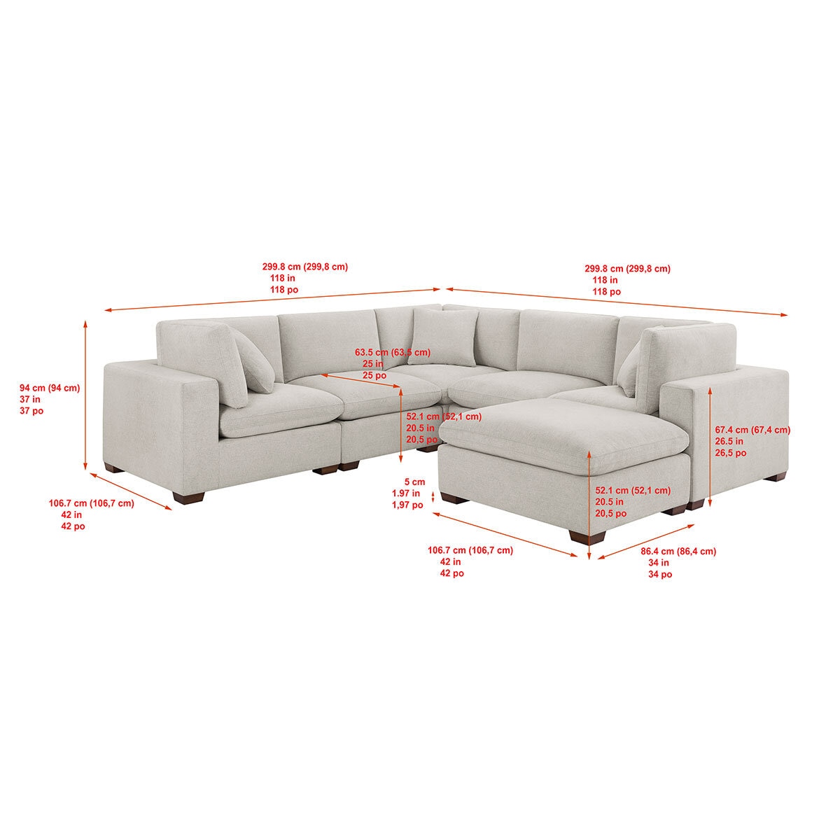 Thomasville Lowell Grey Fabric 6 Piece Modular Sofa