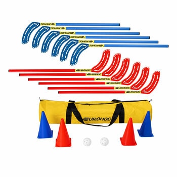 Studio image of the Eurohoc Floorball Hockey Set with cones, balls and holdall