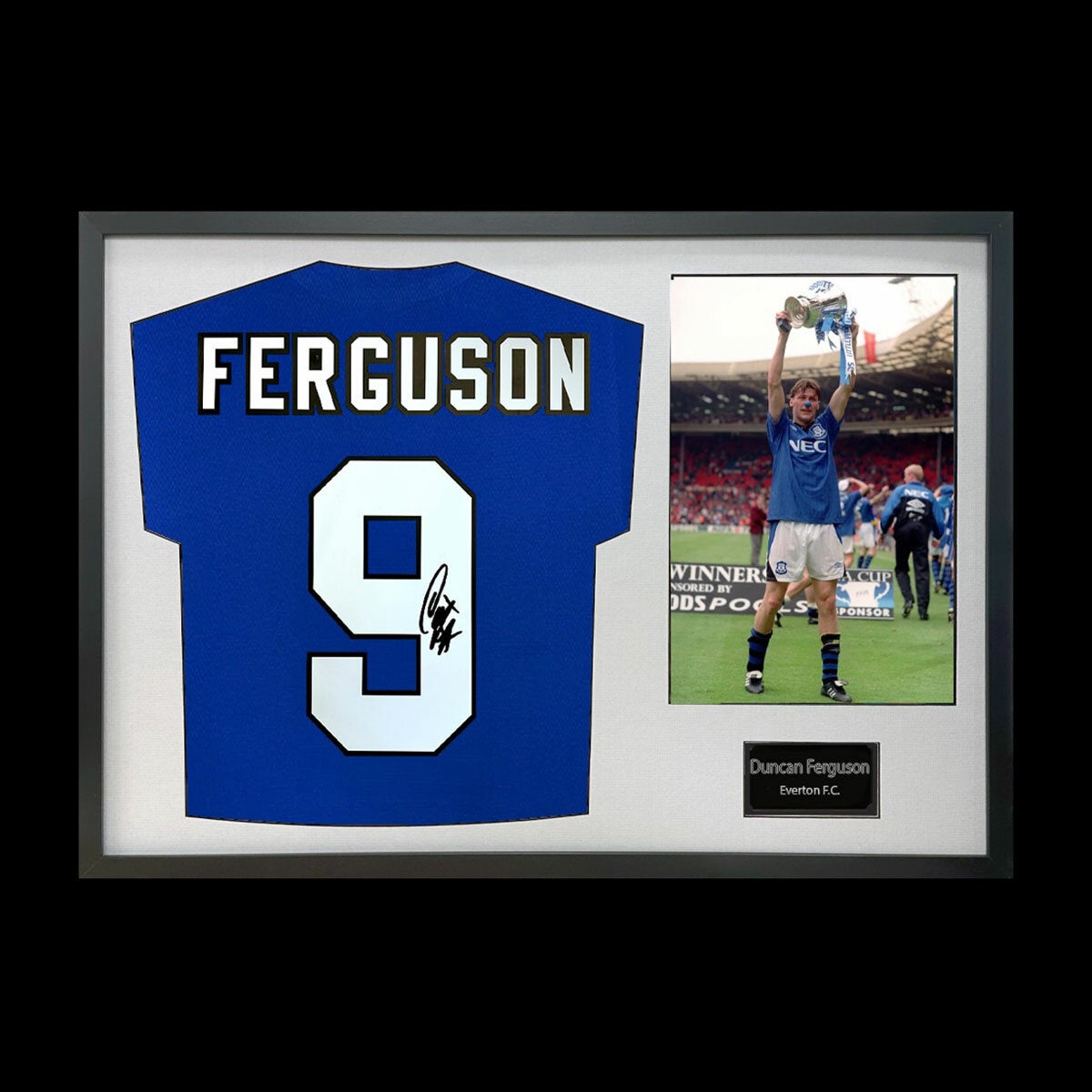 Duncan Ferguson Signed Framed Everton Football Shirt including 1 Photo in 2 Options: White or Black