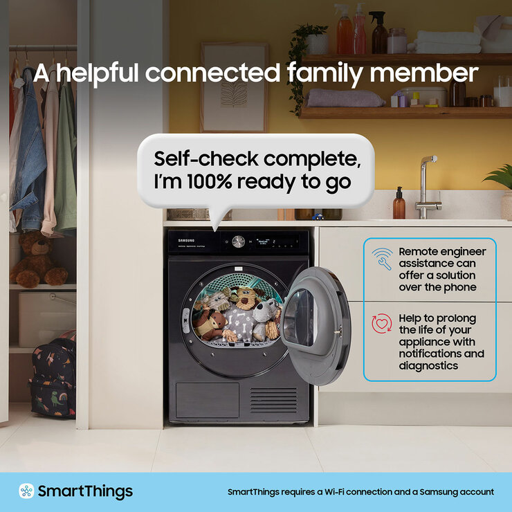 Samsung Series 8 DV90BB9445GHS1, 9kg Smart Heat Pump Tumble Dryer, A+++ Rated in White