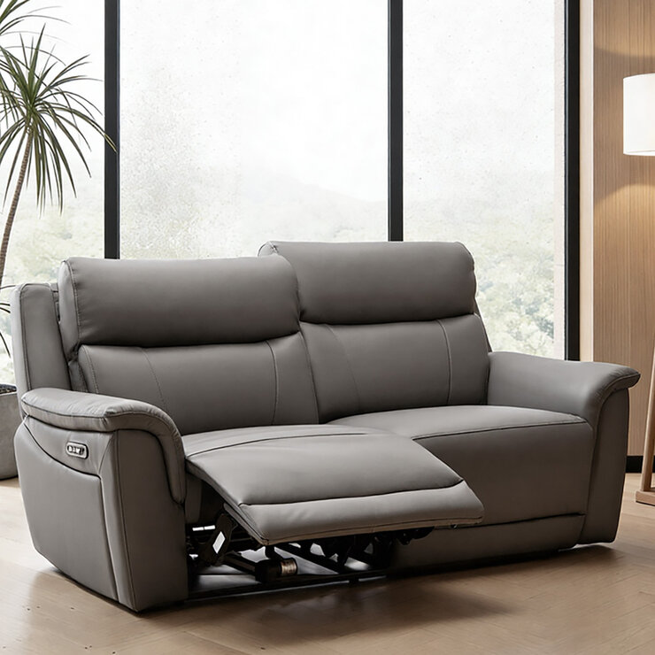 Oscar Grey Leather Power Reclining Large 2 Seater Sofa with Power Headrest