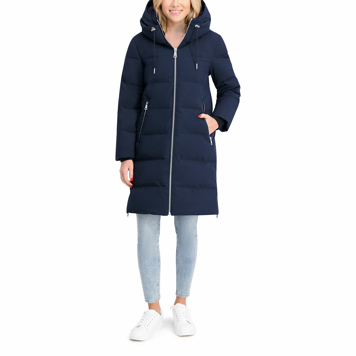 DKNY Ladies Long Down Coat with Hood in Navy