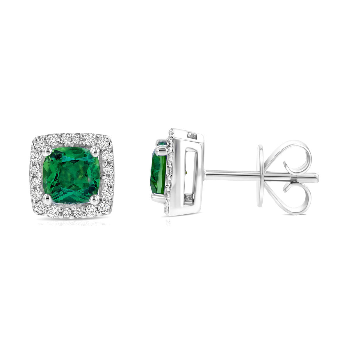 Cushion Cut Lab Emerald and 0.13ctw Diamond Stud Earrings, 14ct White Gold