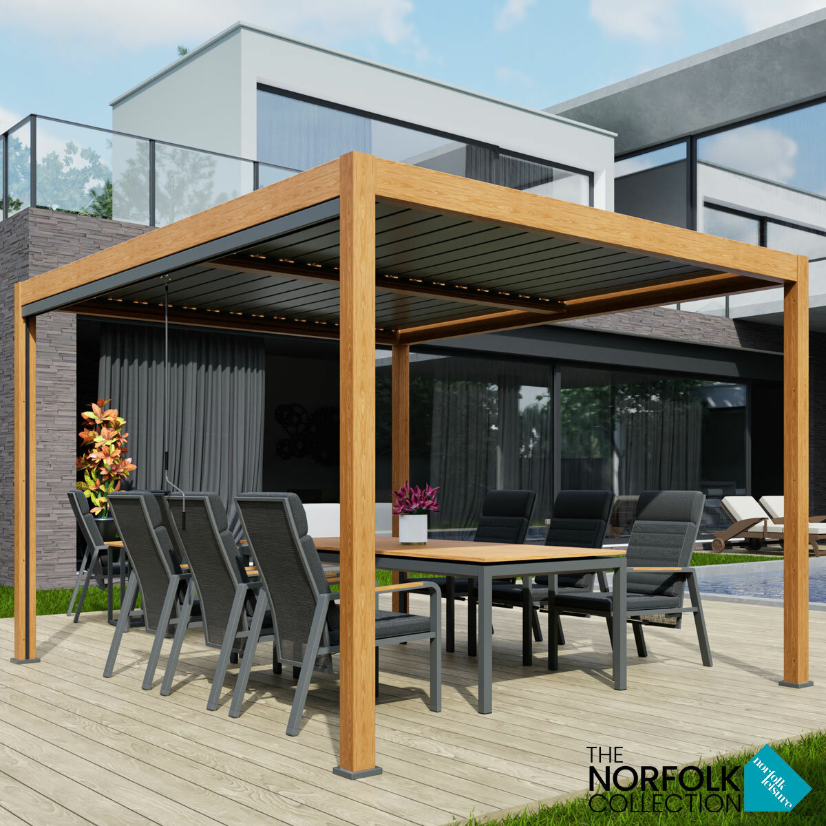 Alvivo 9ft 8" x 13ft 3" (3 x 4m) Wood-Look Louvered Aluminium Pergola Bundle with 3 Pull-Down Screens