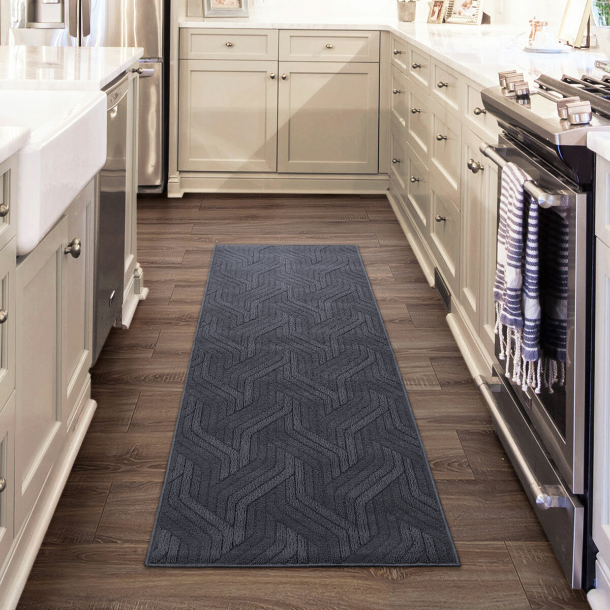Navy runner on kitchen floor