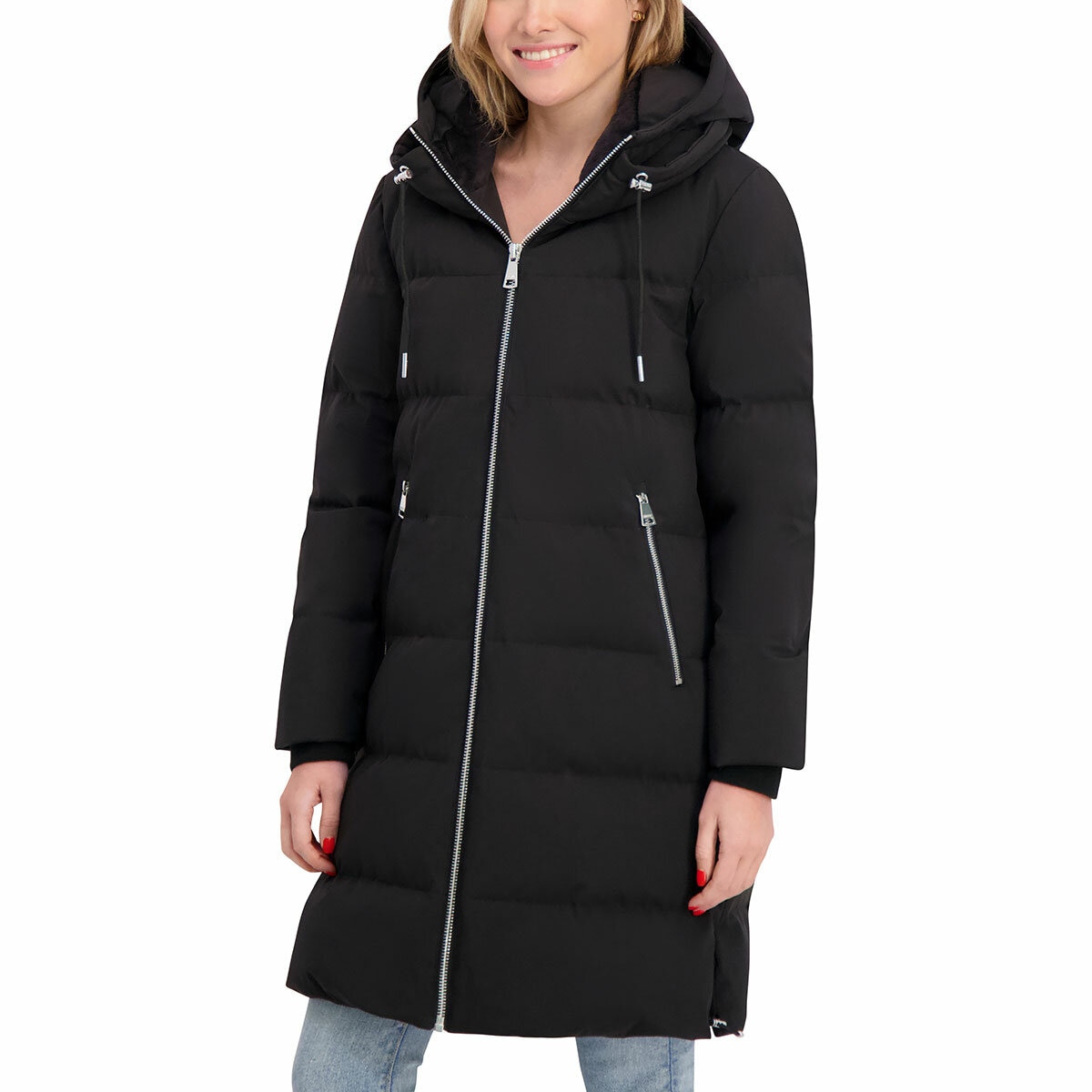 DKNY Ladies Long Down Coat with Hood in Black