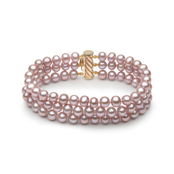 5.5-6mm Cultured Freshwater Three Row Pink Pearl Bracelet, 14ct Yellow Gold