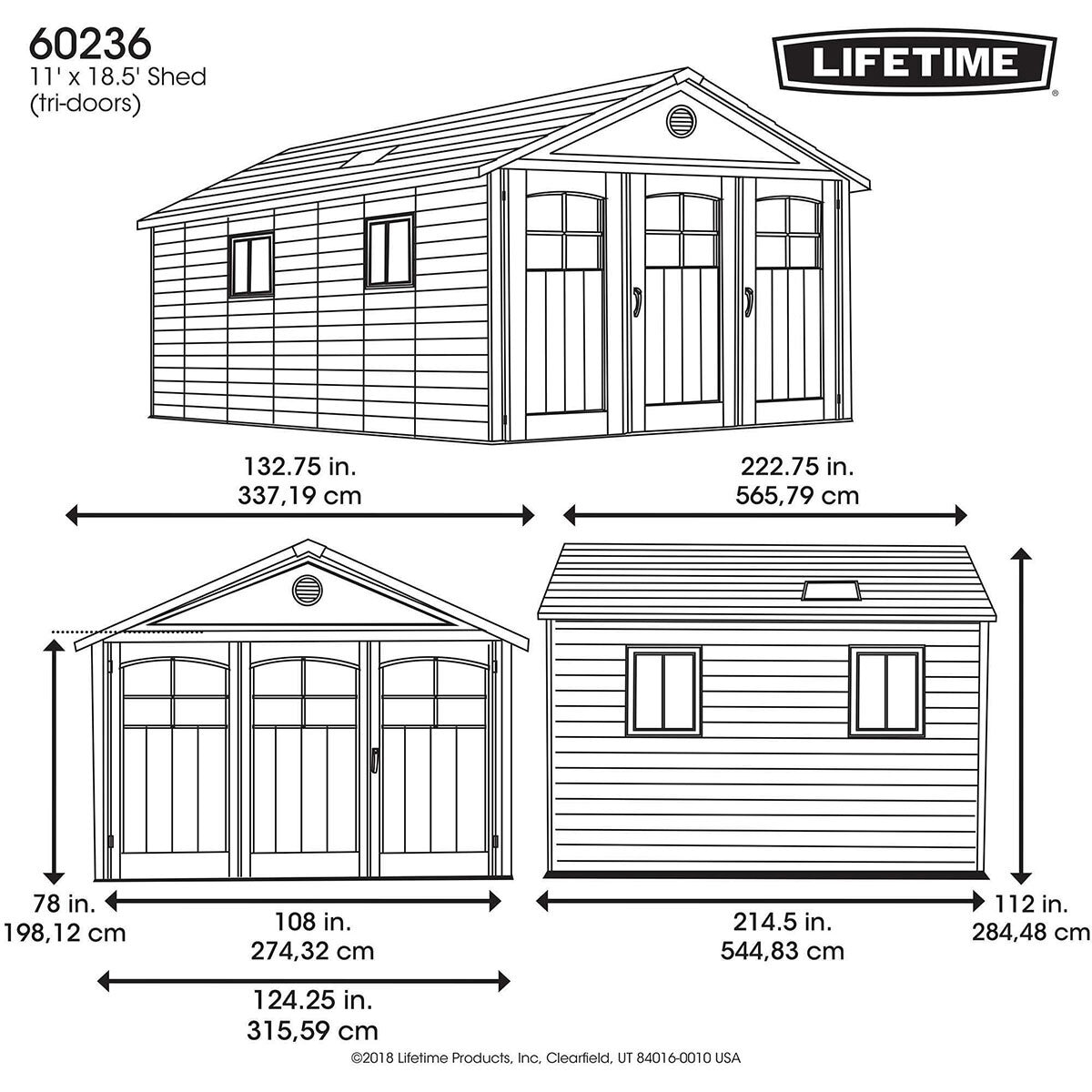 Lifetime 11ft x 18ft 6" (3.3 x 5.6m) Outdoor Storage Shed with Tri-Folding Door - Model 60236