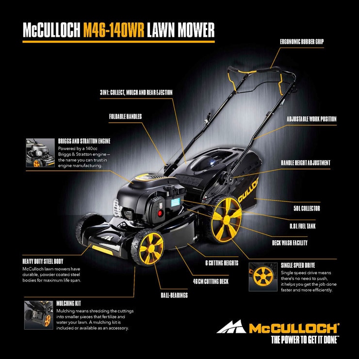 McCulloch 140cc 18" (46cm) Self Propelled Petrol Lawn Mower Model M46