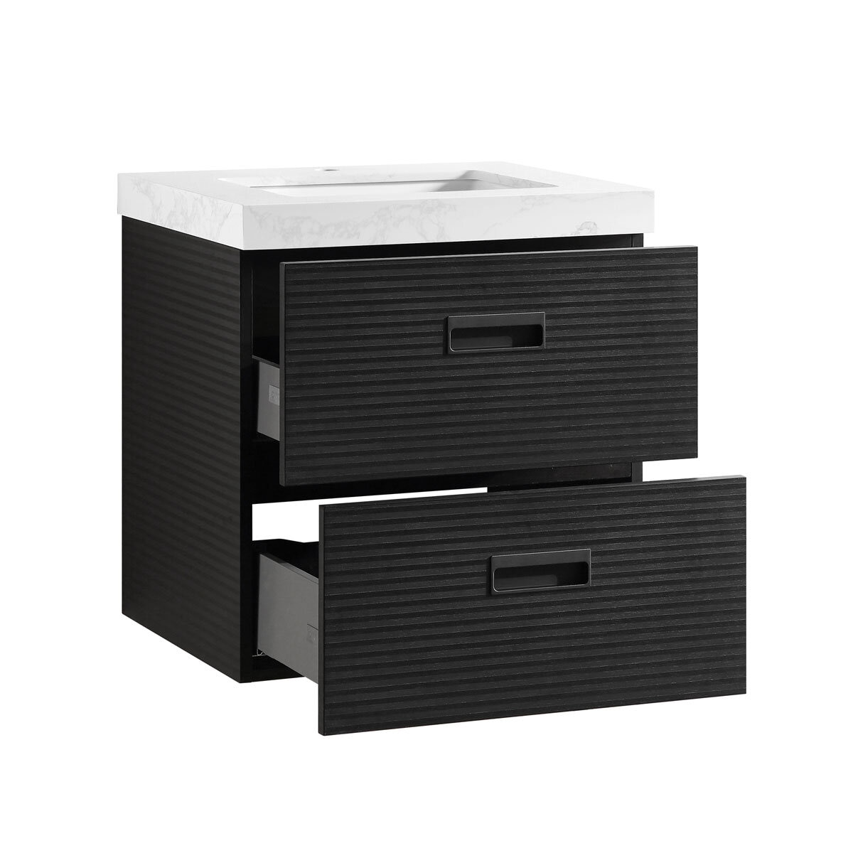 Angled image of OVE Otis 610mm in black on white background with drawers open Angled image of OVE Otis 610mm in black on white background with drawers open