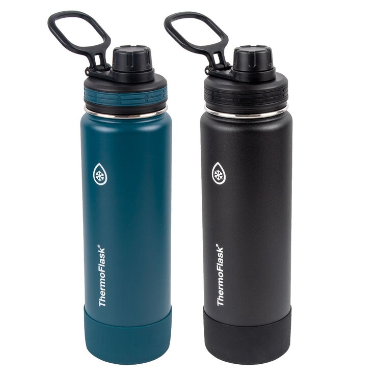 ThermoFlask Autospout Stainless Steel Double Wall Vacuum Insulated 710ml Bottles, 2 Pack in Teal and Black ThermoFlask Autospout Stainless Steel Double Wall Vacuum Insulated 710ml Bottles, 2 Pack in Teal and Black