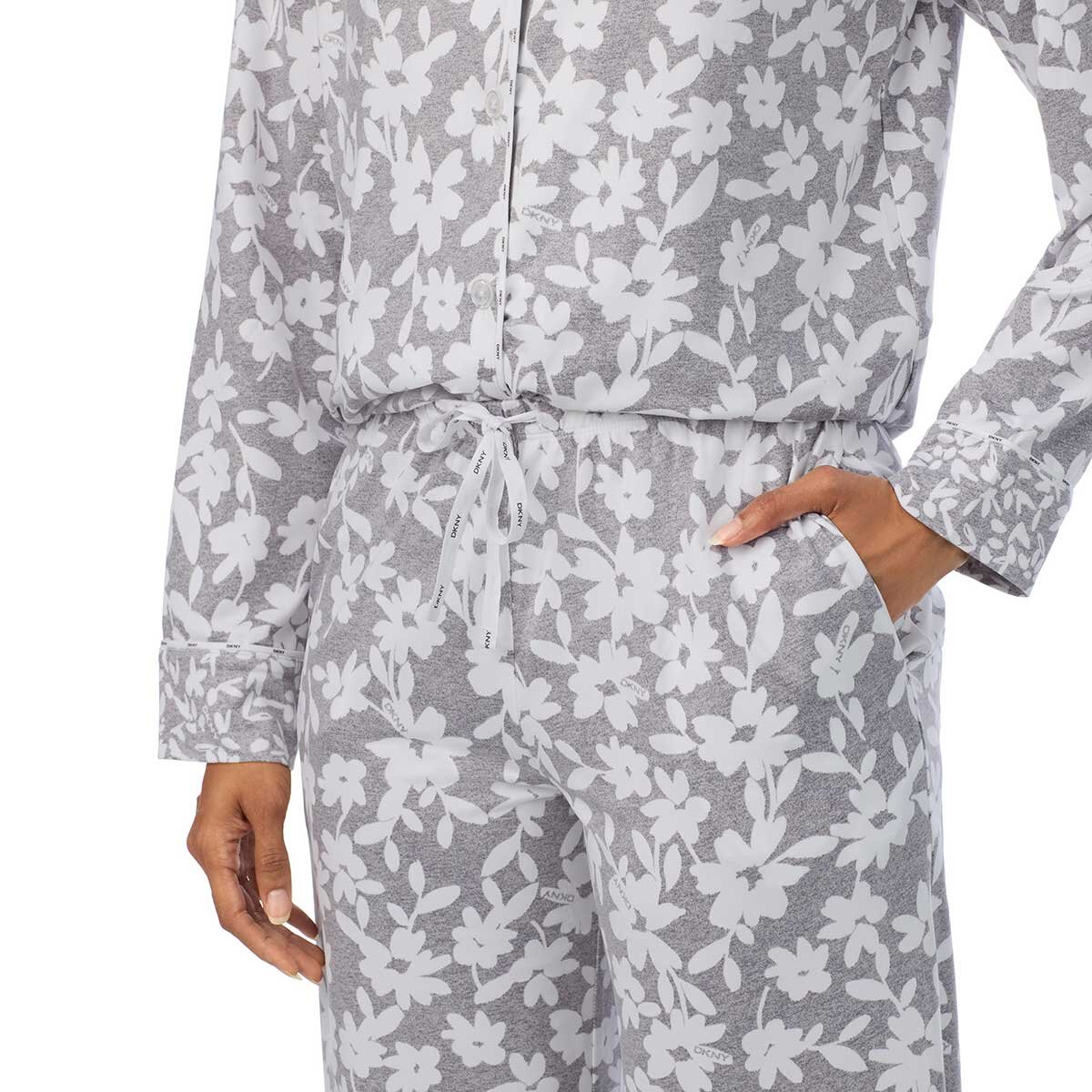 DKNY Women's Notch Collar Pyjama Set in Grey Floral