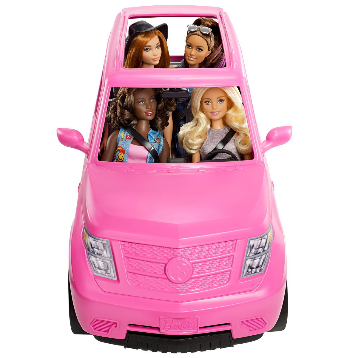 Barbie suv on white background with dolls