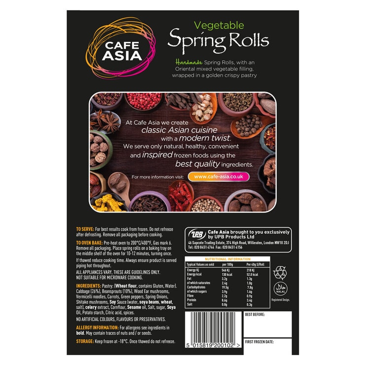Back of pack of café asia vegetable spring rolls