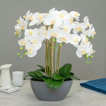 Artificial Large White Orchid in Trough Planter