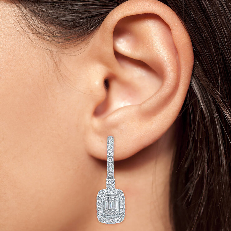 1.50ctw Round Brilliant & Baguette Cut Diamond Earrings, 14ct White Gold 1.50ctw Round Brilliant & Baguette Cut Diamond Earrings, 14ct White Gold