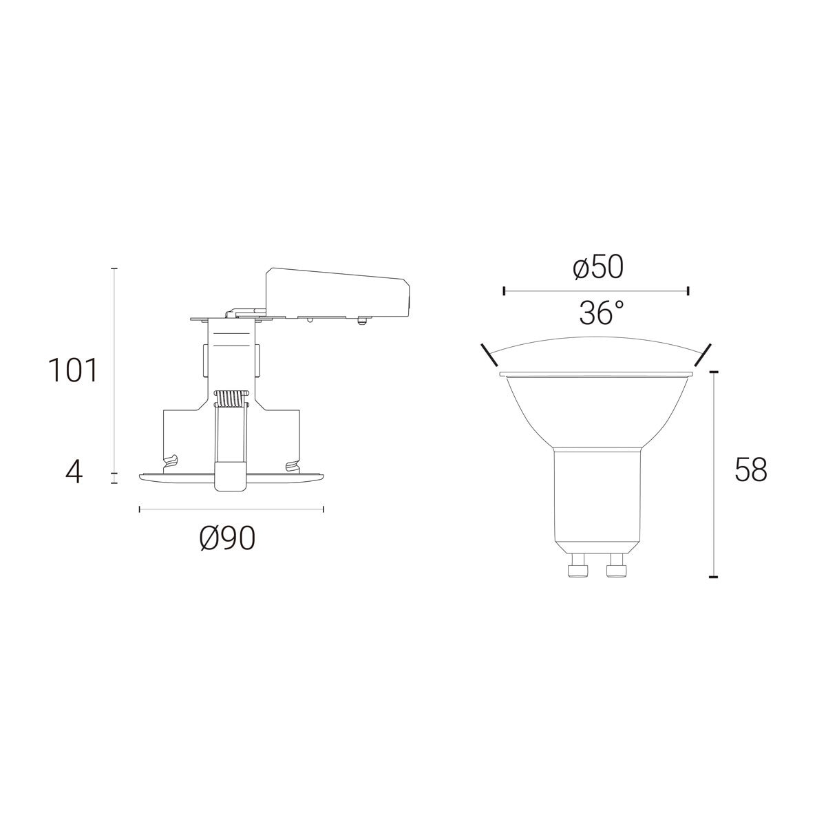 Line drawing of light on white background with dimensions