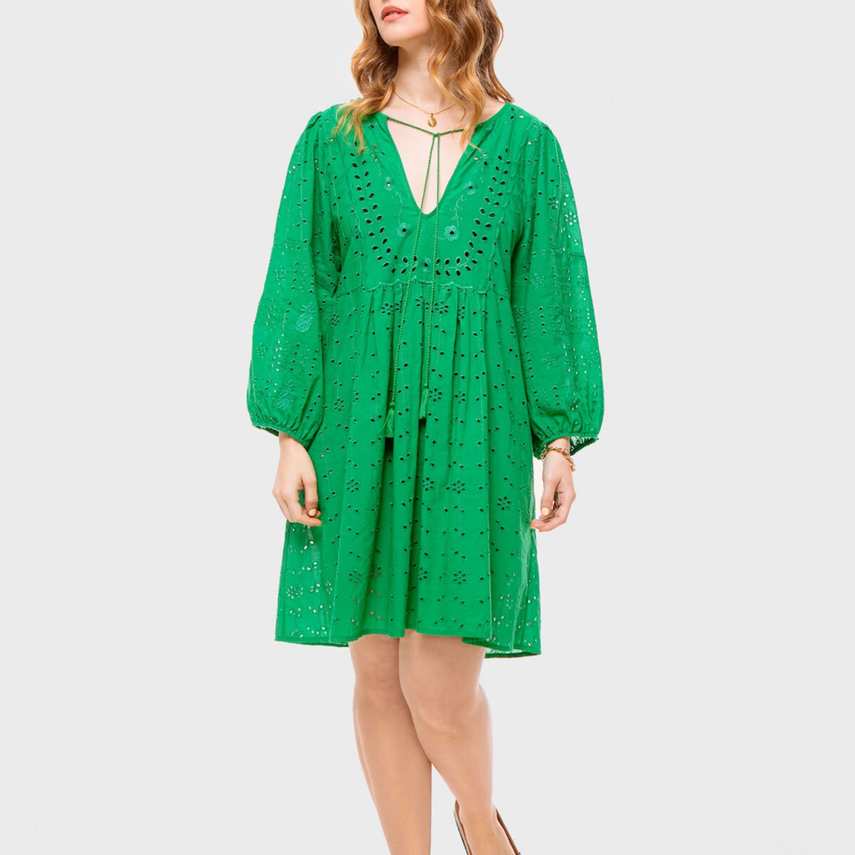 Elle Embroidery Anglaise Cotton 3/4 Sleeve Beach Dress in Green - Xlarge