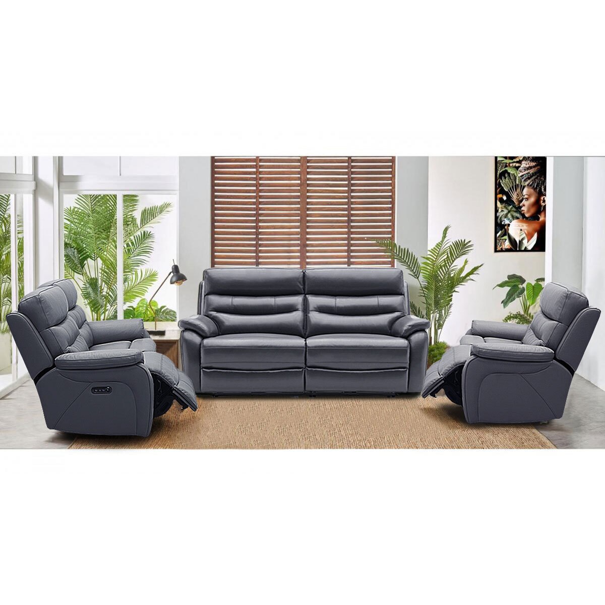 Fletcher Blue Leather Power Reclining 2 Seater Sofa with Power Headrest