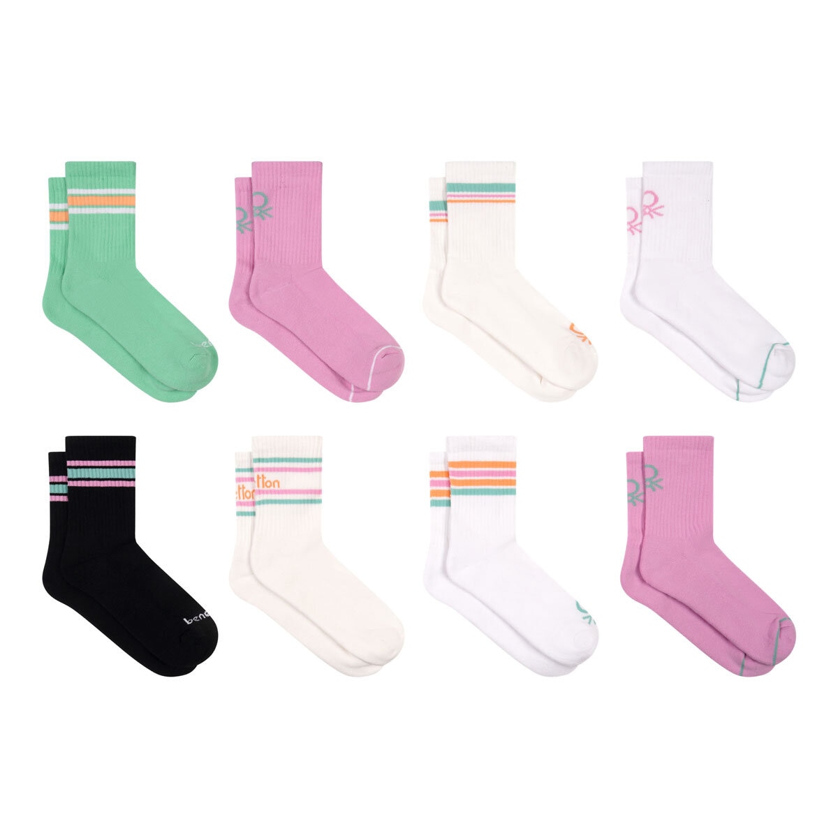 United Colors of Benetton Ladies Sport Crew Sock, Pastel/Colour 8 Pack