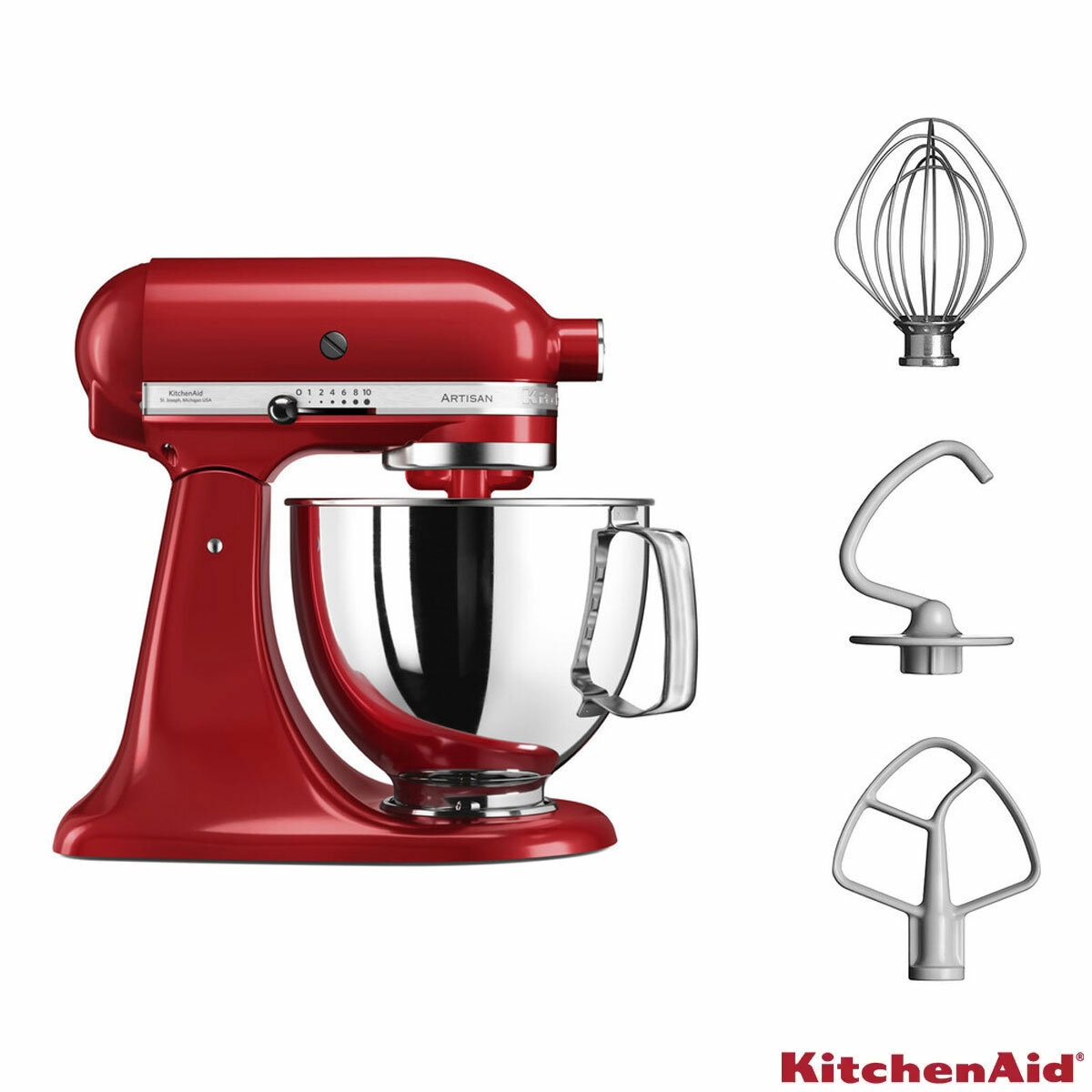 Side Profile of KitchenAid Mixer 4.8L Artisan Empire Red Stand Mixer with attachments Side Profile of KitchenAid Mixer 4.8L Artisan Empire Red Stand Mixer with attachments
