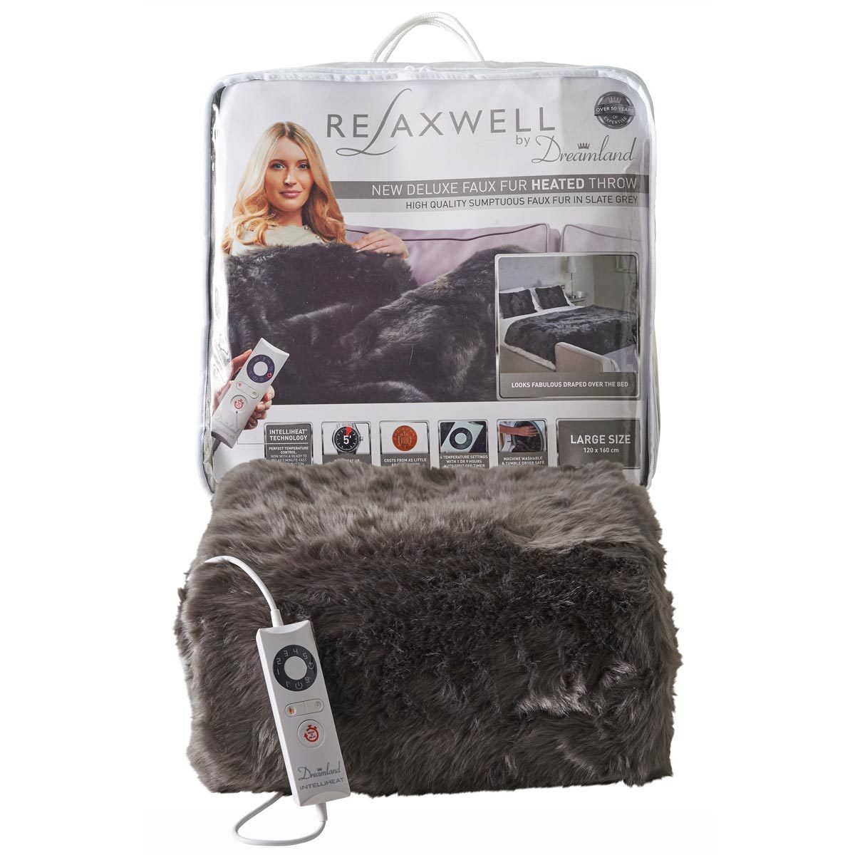 Dreamland Relaxwell Deluxe Faux Fur Heated Throw, Slate Grey Costco UK