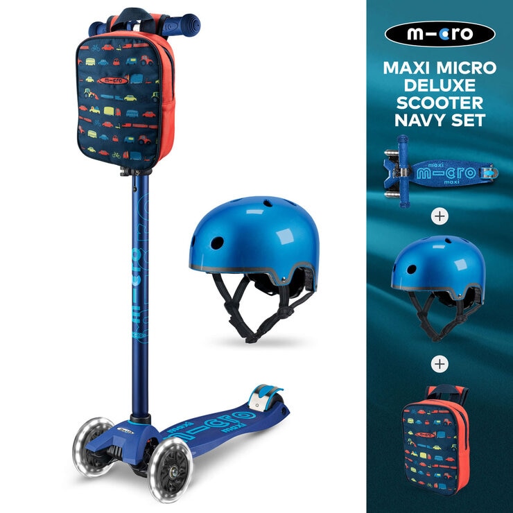 Micro Maxi Deluxe LED Navy Scooter with Small Blue Helmet and Vehicle Lunch Bag (5+ Years)