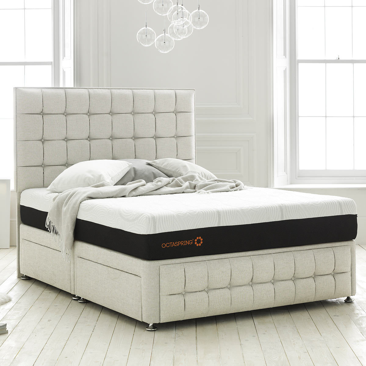 Octaspring Sirocco Mattress and Venice Divan with Headboard in White Sand, Double